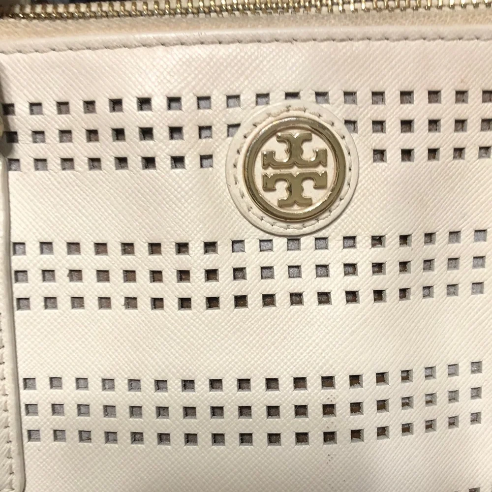 Tory Burch White Perforated Leather Tote with Gold Logo